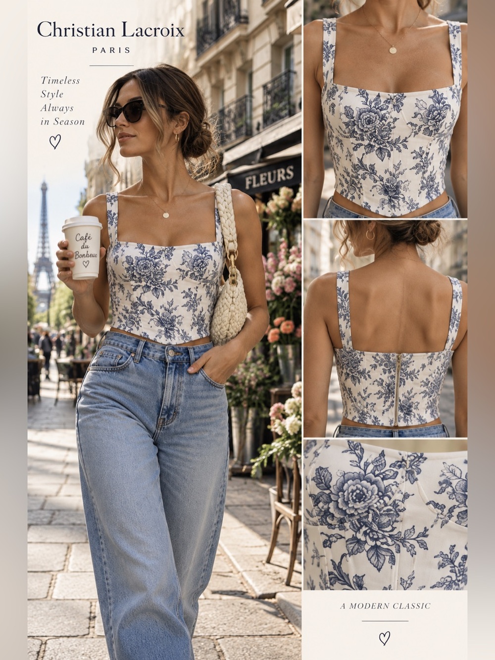 Christian Lacroix Blue White Floral Corset Top size small